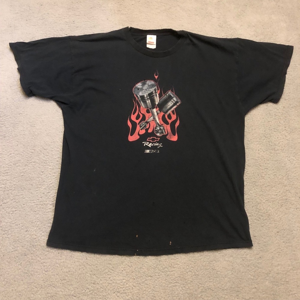 Thrashed‎ Faded Chevy Racing NASCAR T Shirt 2XL Black Pistons Flames Distressd